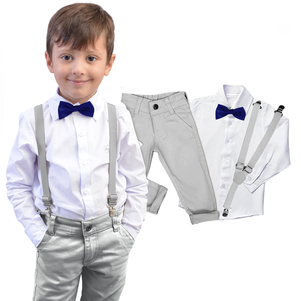 Conjunto Social Menino Cinza Manga Longa Suspensório Gravata Varias Cores P ao 16 anos (Atacado)