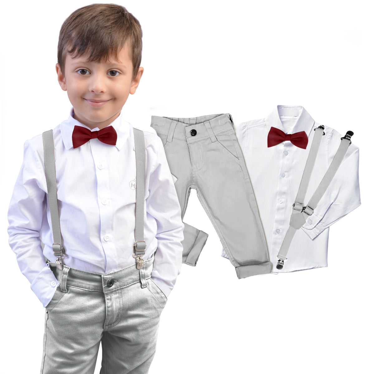 Conjunto Social Menino Cinza Manga Longa Suspensório Gravata Varias Cores P ao 16 anos (Atacado)