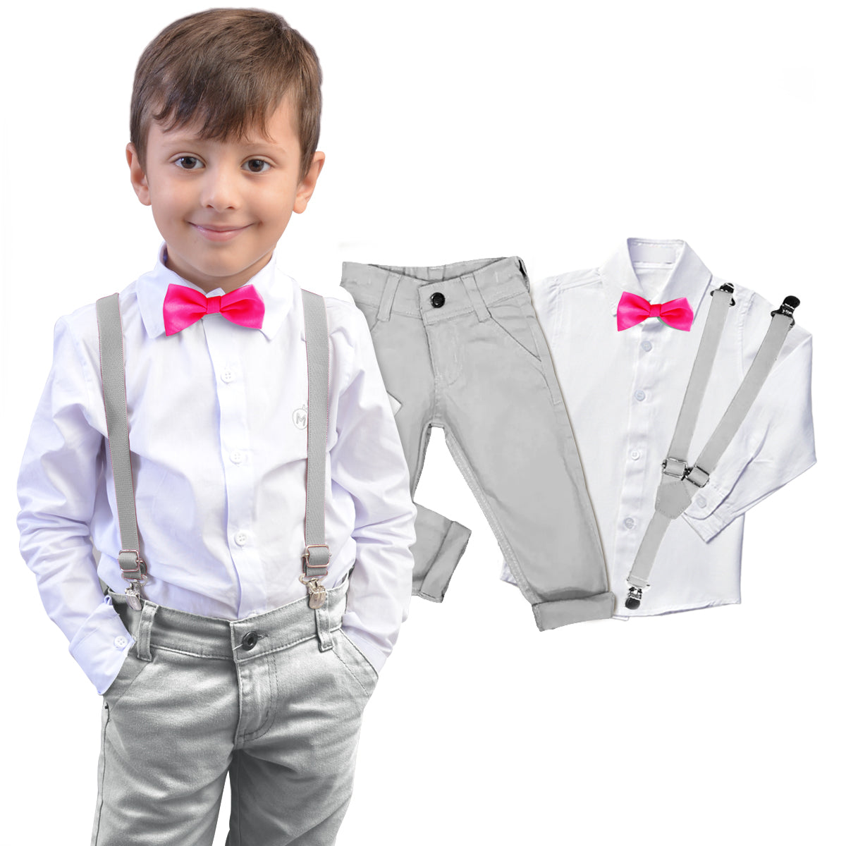 Conjunto Social Menino Cinza Manga Longa Suspensório Gravata Varias Cores P ao 16 anos (Atacado)