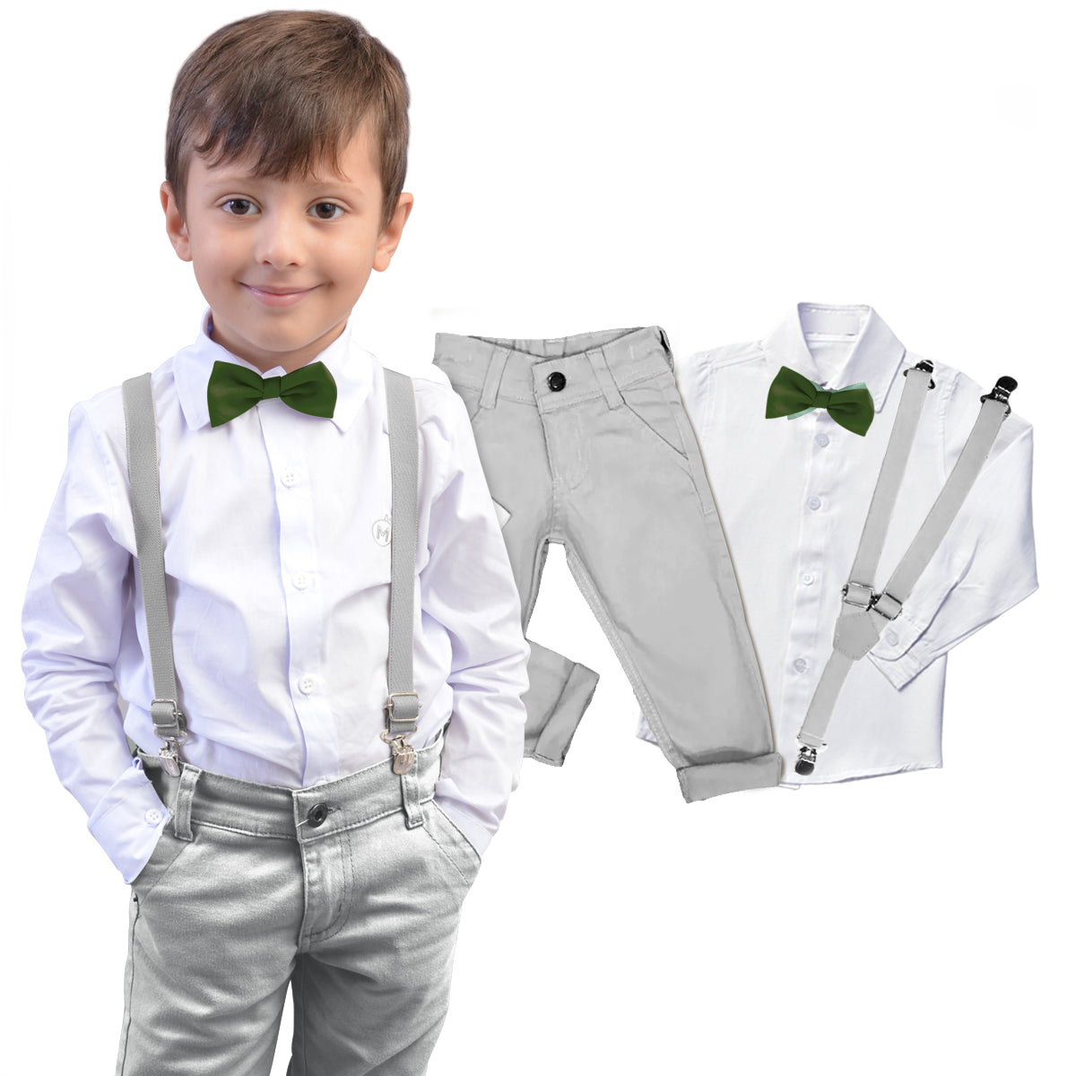 Conjunto Social Menino Cinza Manga Longa Suspensório Gravata Varias Cores P ao 16 anos (Atacado)