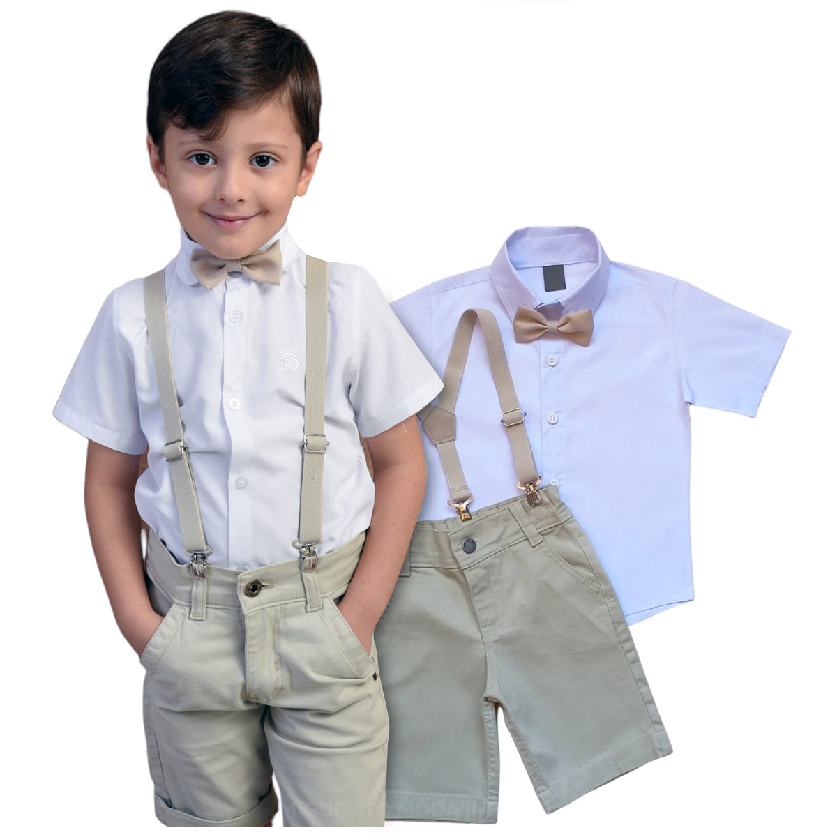 Roupa Infantil Camisa Social Bermuda Bege Menino  Festa Suspensório e gravata Varias Cores P ao 8 anos (Atacado)