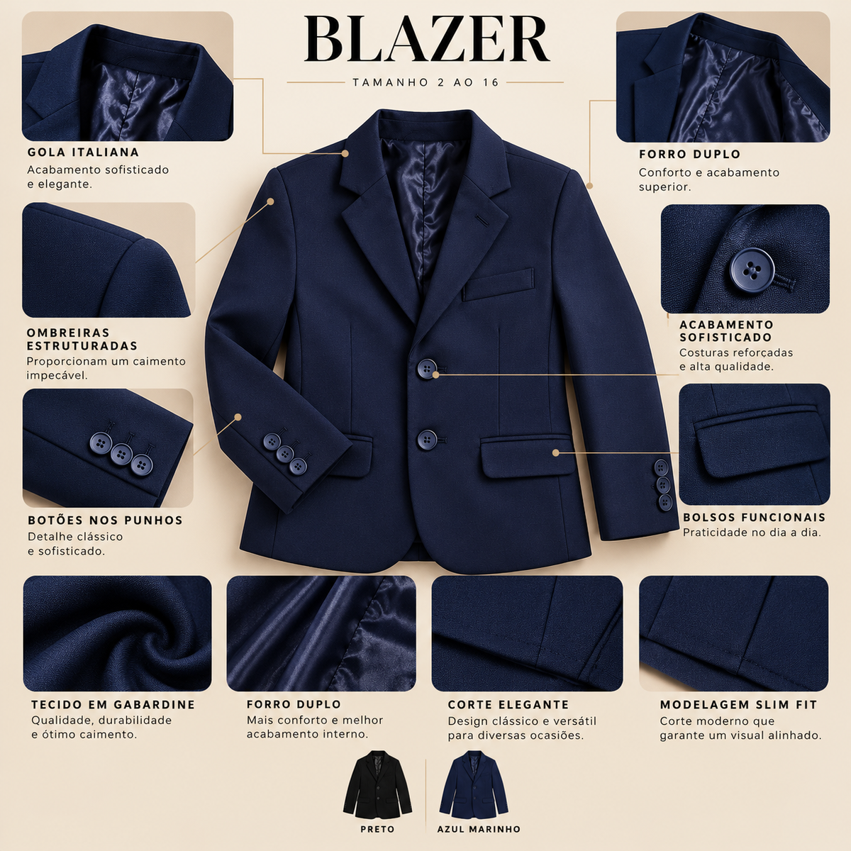 Blazer social infantil masculino em gabardine azul-marinho – foto 12 do produto