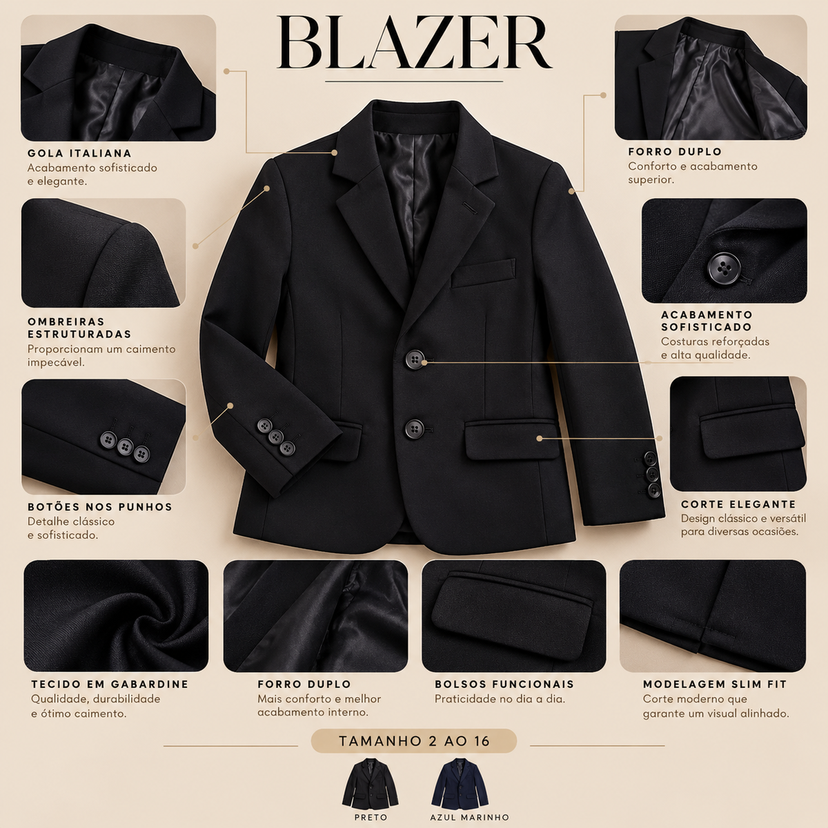 Blazer social infantil masculino em gabardine preto – foto 9 do produto