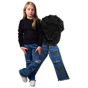 Conjunto Feminino Juvenil + Suéter E Calça Jeans Borboleta