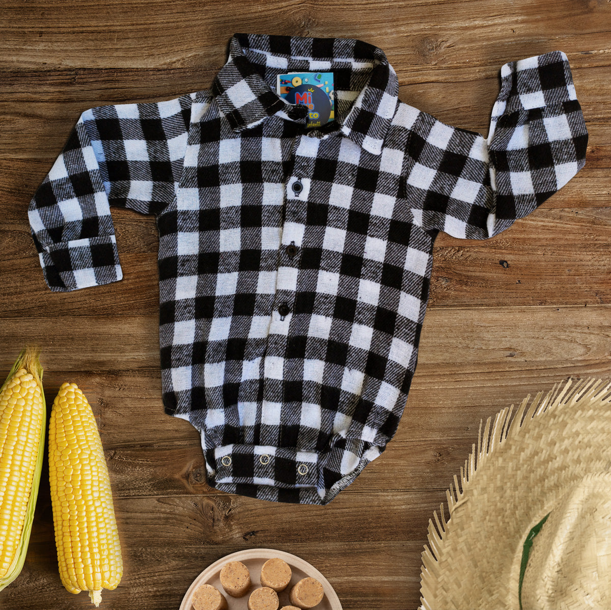 Body Infantil Flanelado Bebê Menino Festa Junina Xadrez 0 a 10 meses (Atacado)