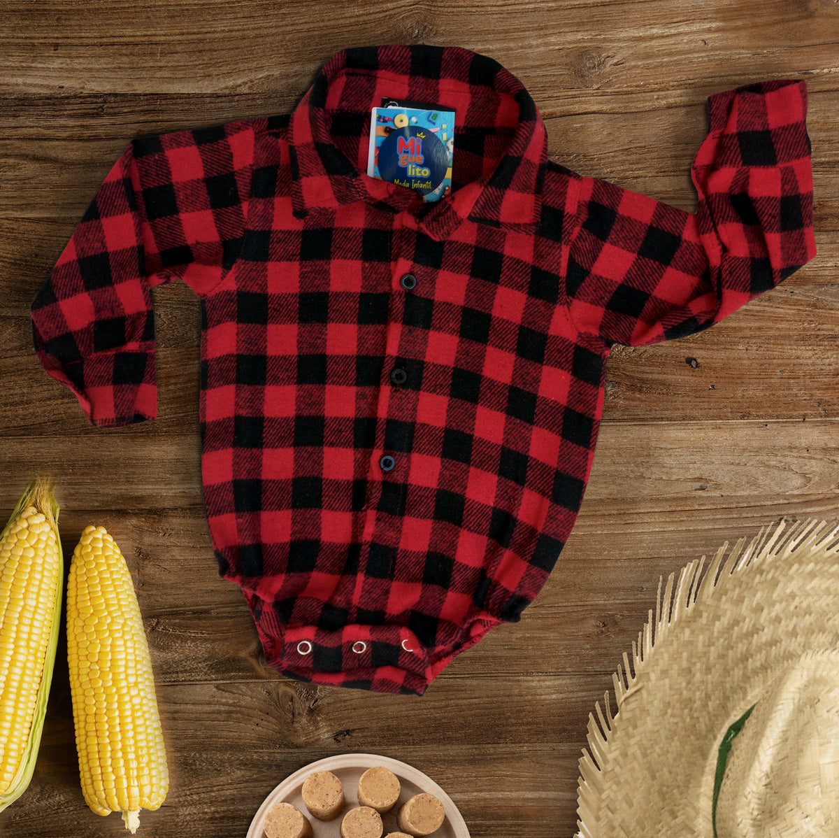 Body Infantil Flanelado Bebê Menino Festa Junina Xadrez 0 a 10 meses (Atacado)