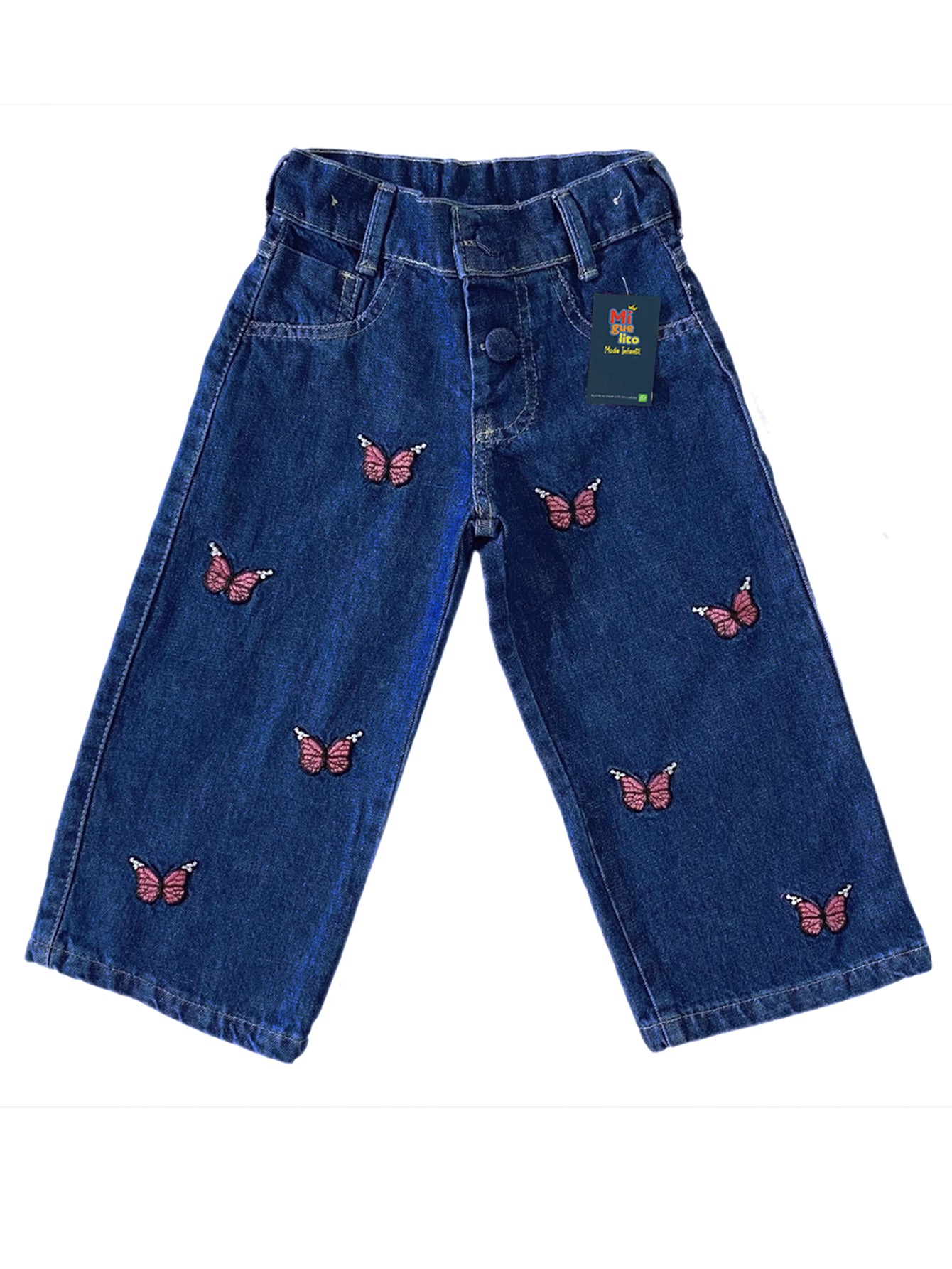 Calça Pantalona Infantil Menina Jeans Bordado Borboleta Luxo