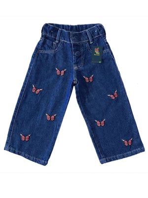 Calça Pantalona Infantil Menina Jeans Bordado Borboleta Luxo