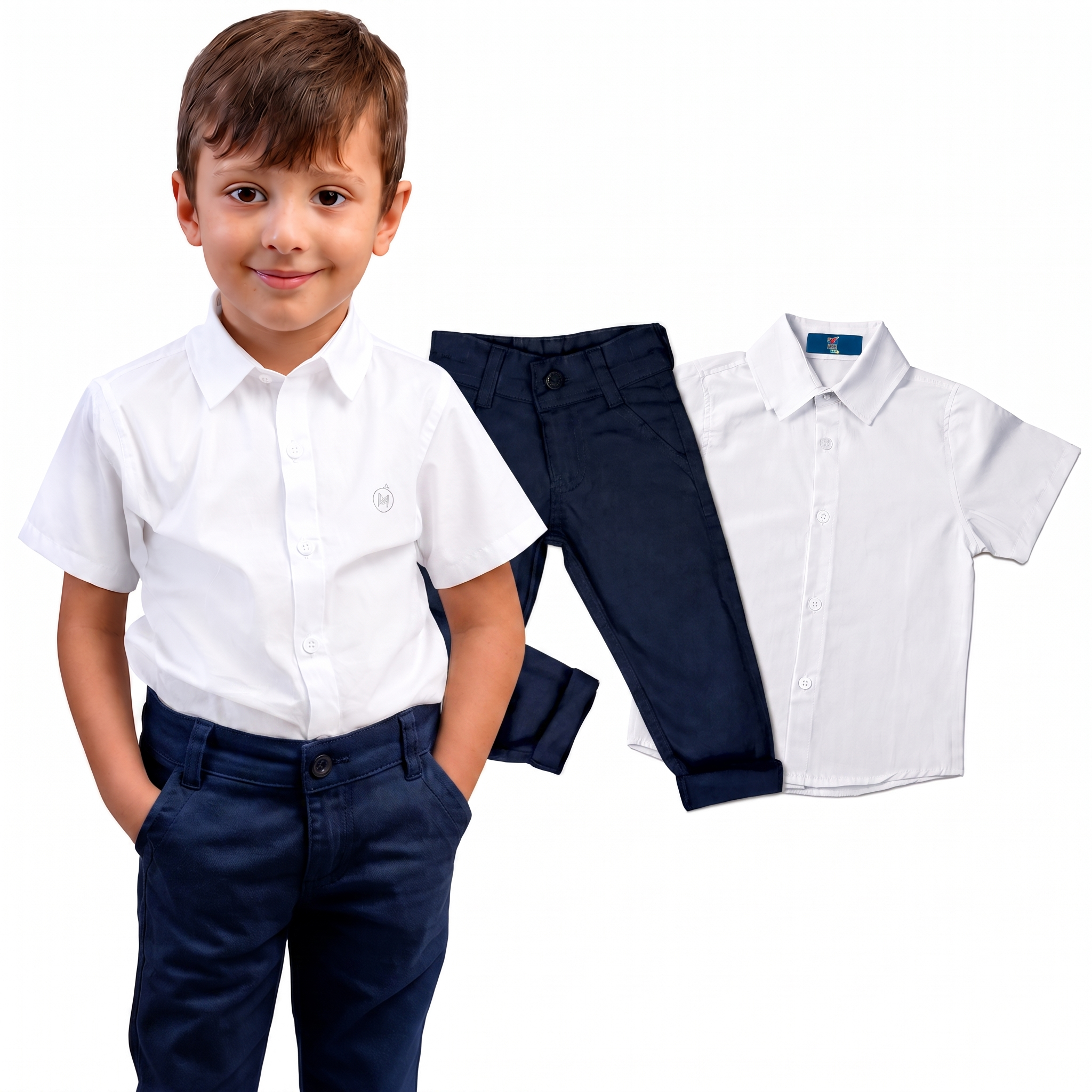 Calça Bolso Faca Sarja + Camisa Manga Curta Branca