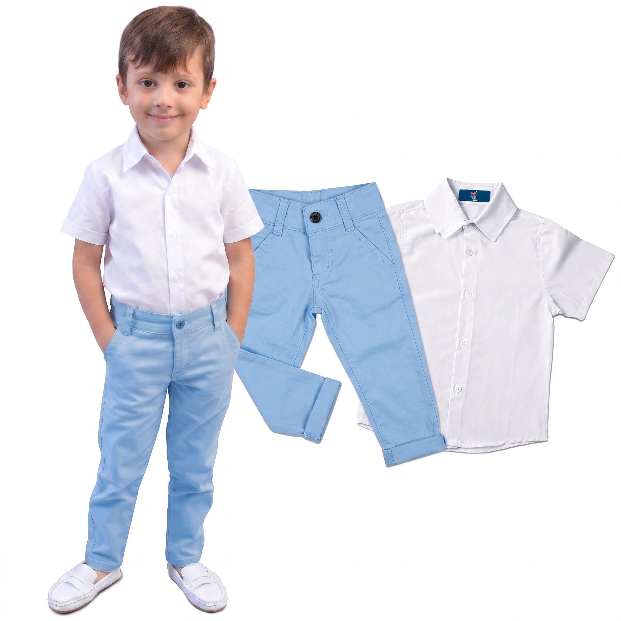Calça Bolso Faca Sarja + Camisa Manga Curta Branca