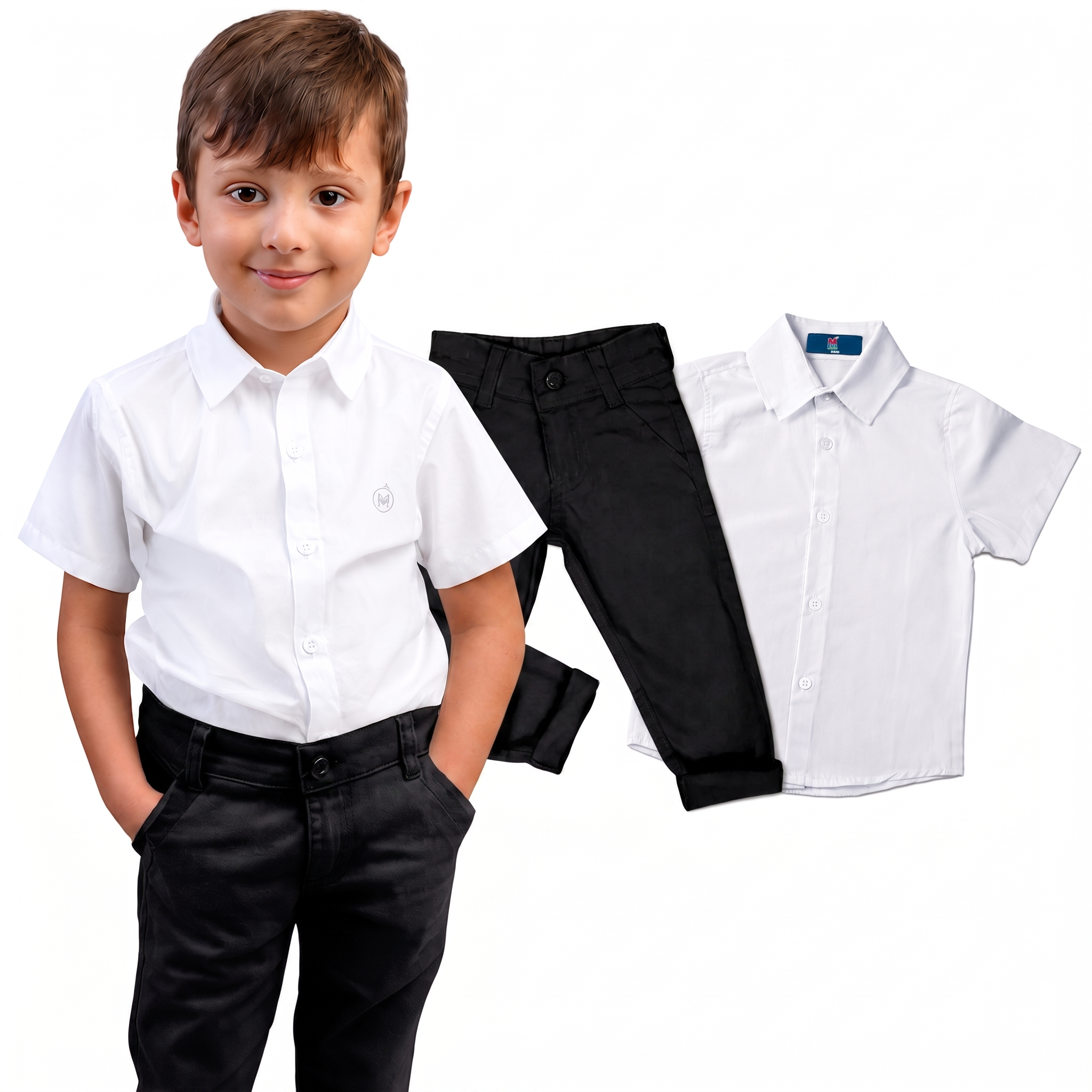 Calça Bolso Faca Sarja + Camisa Manga Curta Branca
