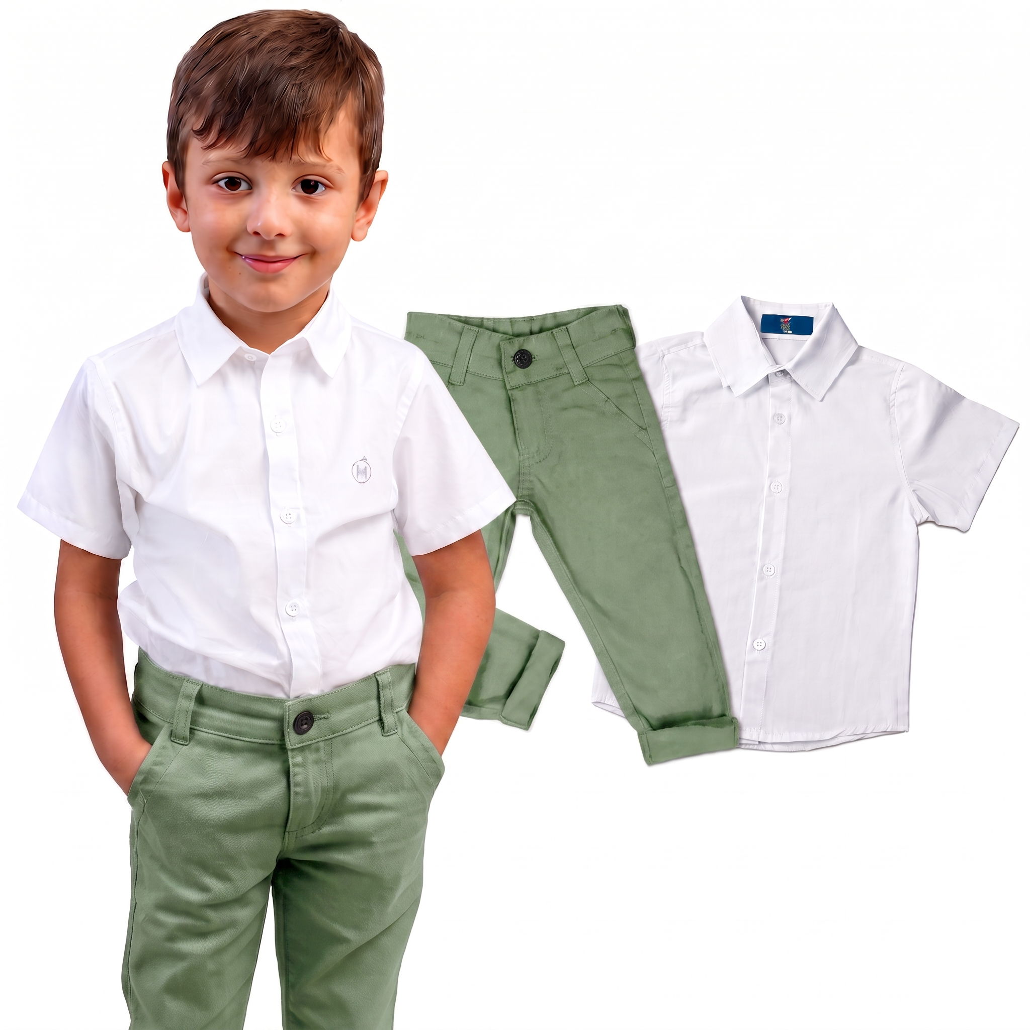 Calça Bolso Faca Sarja + Camisa Manga Curta Branca
