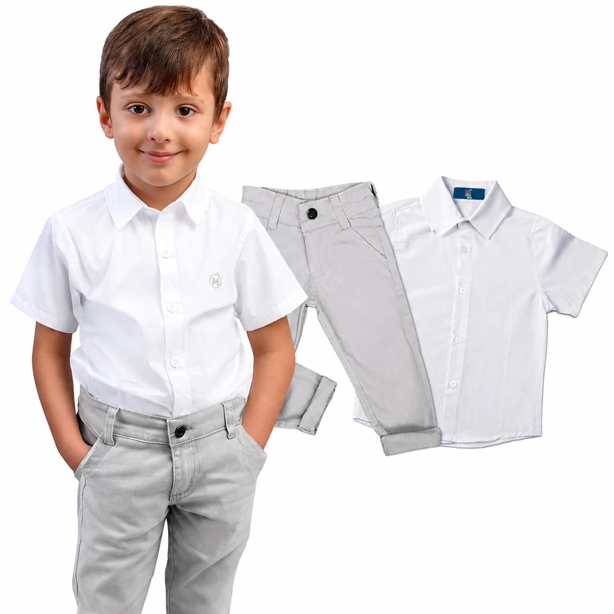Calça Bolso Faca Sarja + Camisa Manga Curta Branca