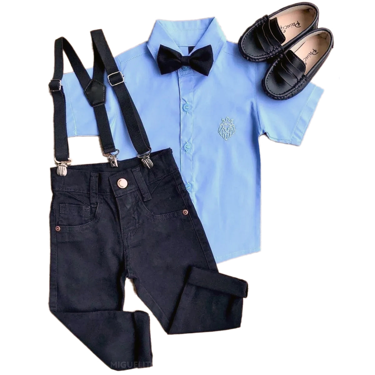 Conjunto com Sapato Menino - Gravata Borboleta - Azul Bebê Antialérgico 100% Algodão (Atacado)