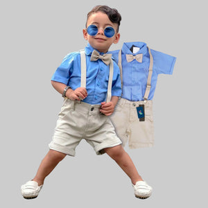 Roupa Pajem Bege com Azul bebê conjunto bermuda 4 Peças P ao 16 anos