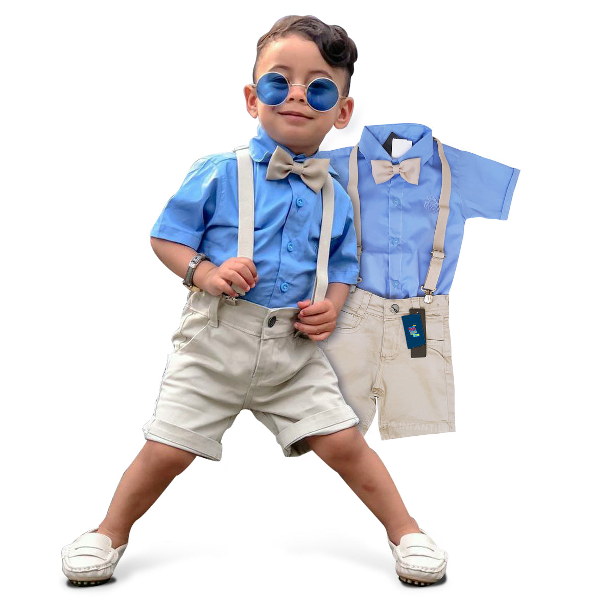 Roupa Pajem Bege com Azul bebê conjunto bermuda 4 Peças P ao 16 anos (Atacado)