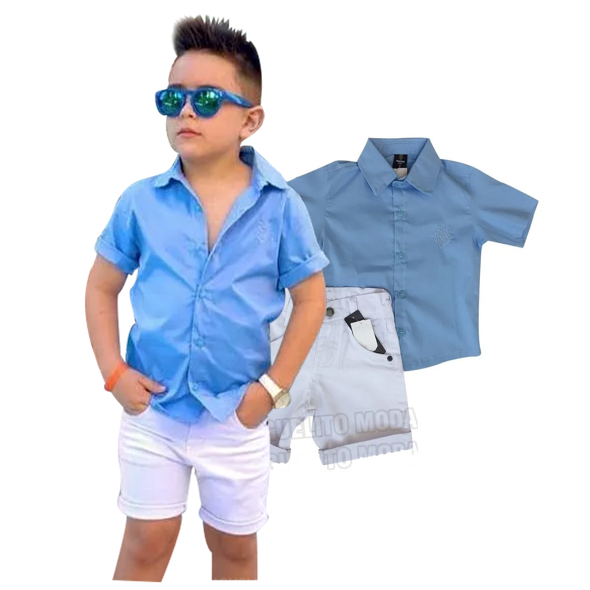 Roupa Social - Menino Camisa - Bermuda Branca P ao 8 anos (Atacado)