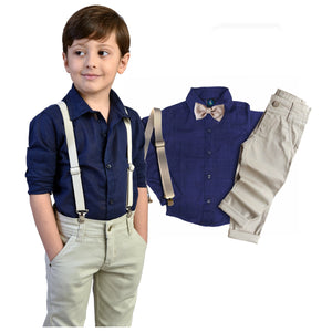 Conjunto Social Manga Longa Azul Marinho Calça Infantil Bege Masculino (Atacado)