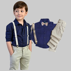 Conjunto Social 10 a 16 anos Azul Marinho Calça Infantil Bege Masculino