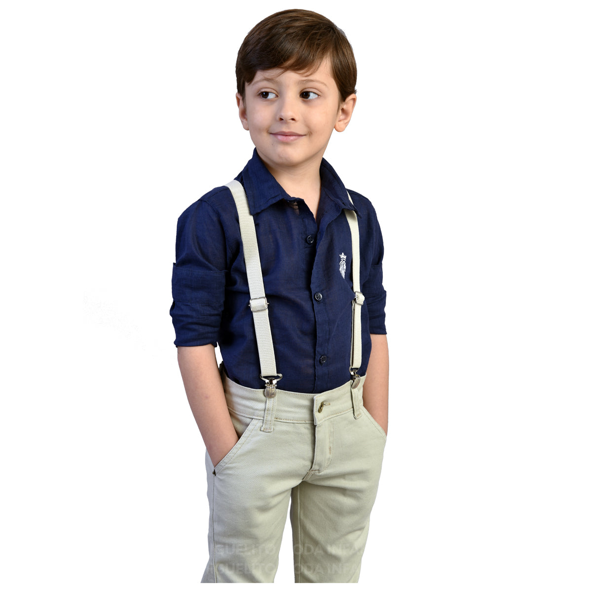 Conjunto Social Manga Longa Azul Marinho Calça Infantil Bege Masculino - Envio Rápido (Atacado)
