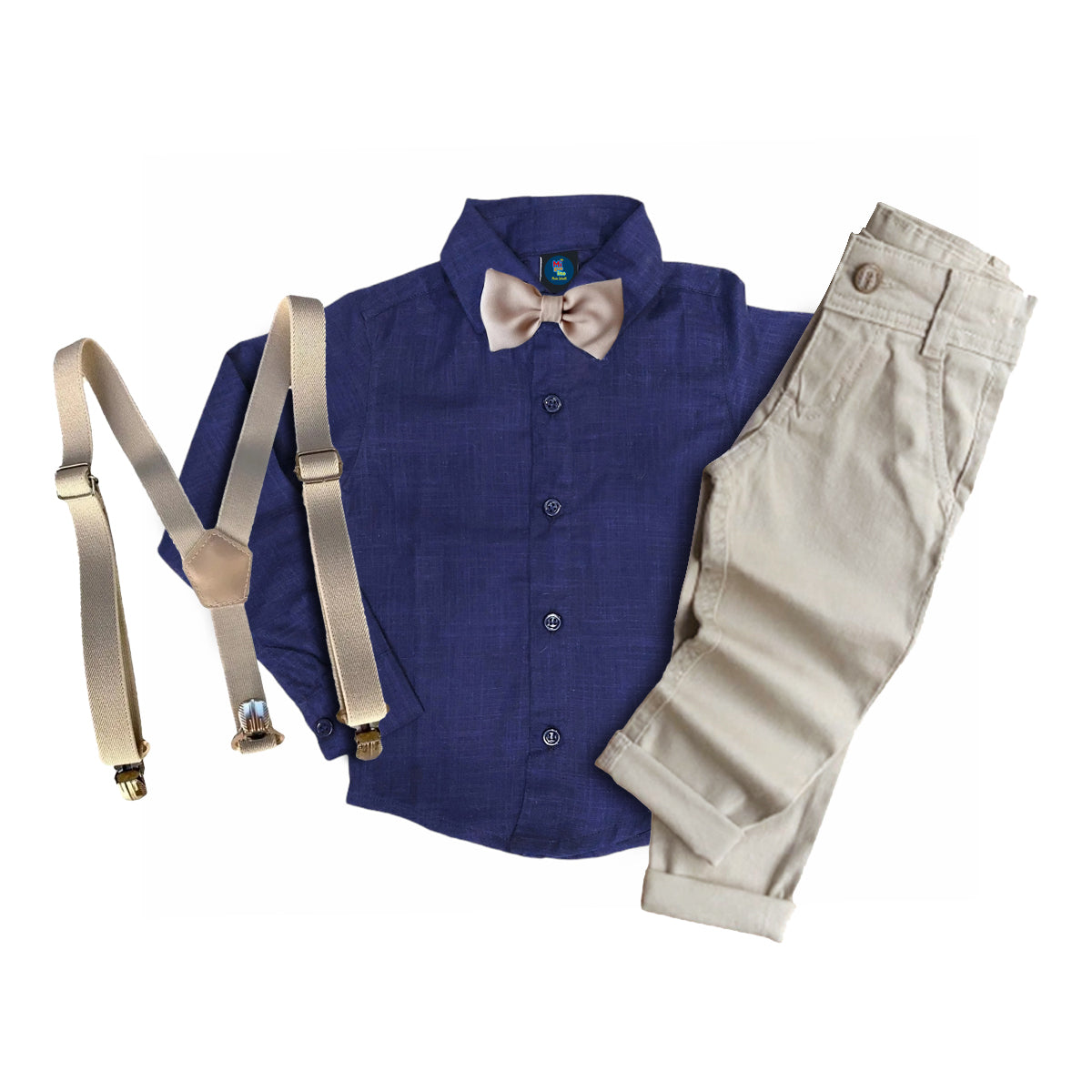 Conjunto Social 10 a 16 anos Azul Marinho Calça Infantil Bege Masculino (Atacado)