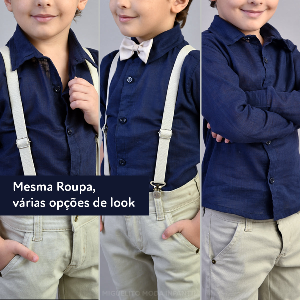 Conjunto Social 10 a 16 anos Azul Marinho Calça Infantil Bege Masculino (Atacado)