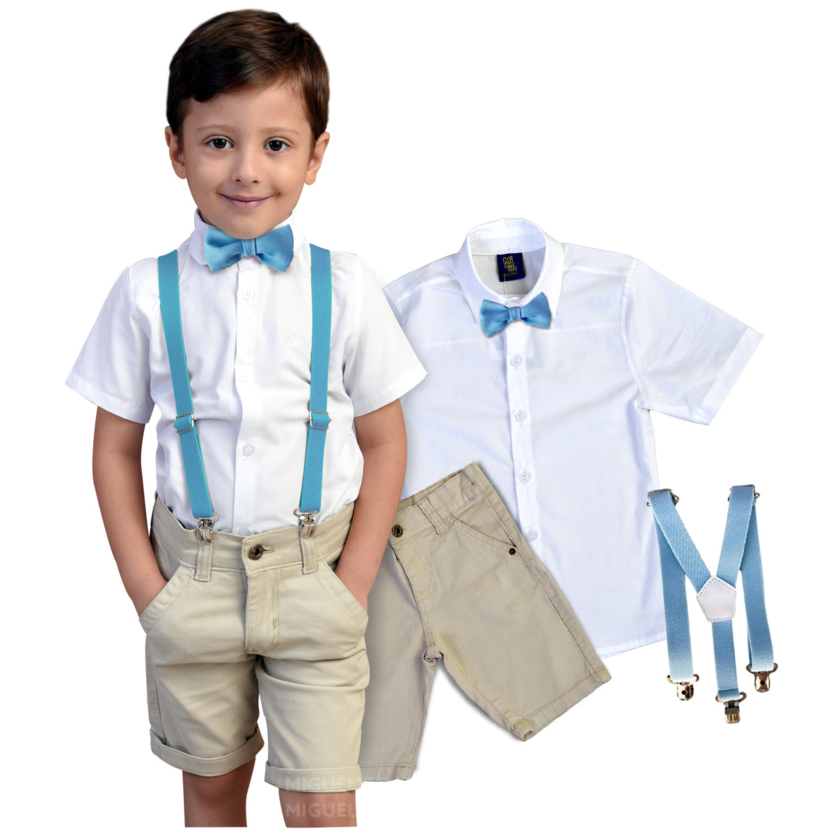 Roupa Infantil Camisa Social Bermuda Bege Menino  Festa Suspensório e gravata Varias Cores P ao 8 anos (Atacado)