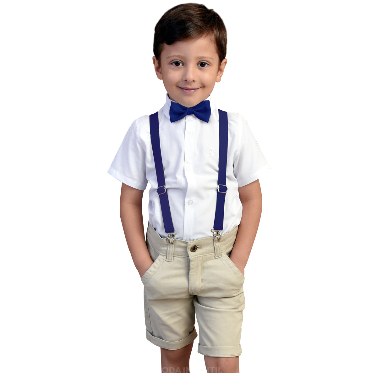 Roupa Infantil Camisa Social Bermuda Bege Menino  Festa Suspensório e gravata Varias Cores P ao 8 anos (Atacado)