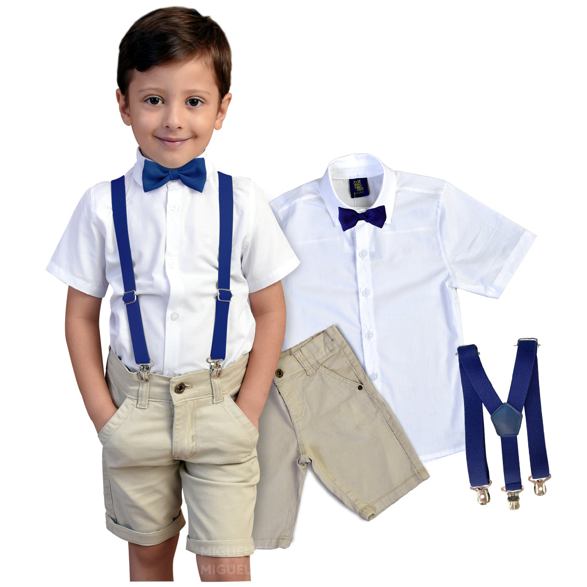 Roupa Infantil Camisa Social Bermuda Bege Suspensório e gravata Varias Cores Juvenil (Atacado)