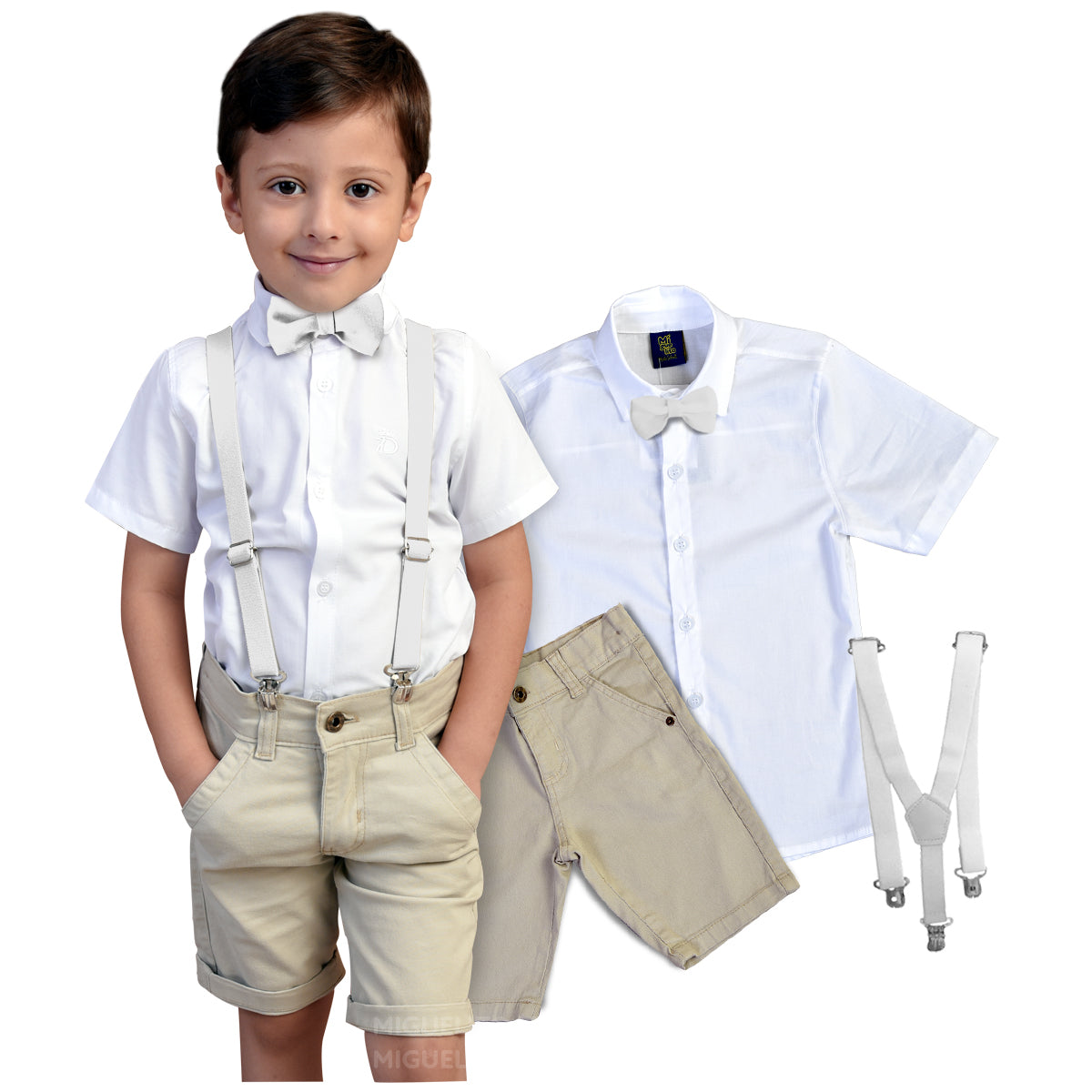 Roupa Infantil Camisa Social Bermuda Bege Menino  Festa Suspensório e gravata Varias Cores P ao 8 anos (Atacado)