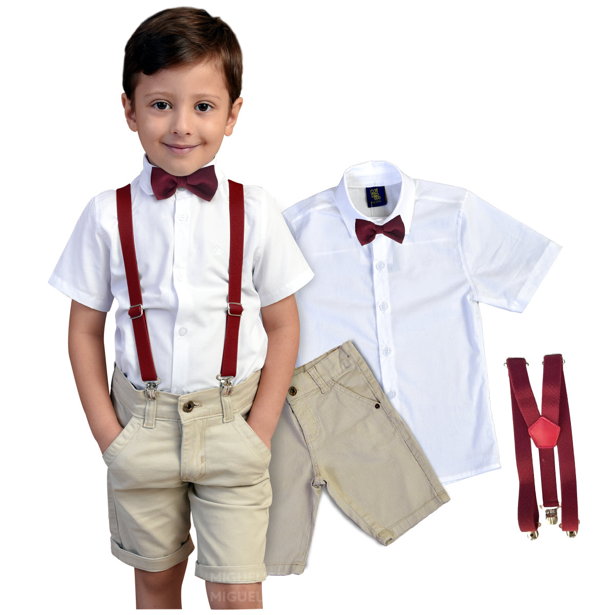 Roupa Infantil Camisa Social Bermuda Bege Suspensório e gravata Varias Cores Juvenil (Atacado)