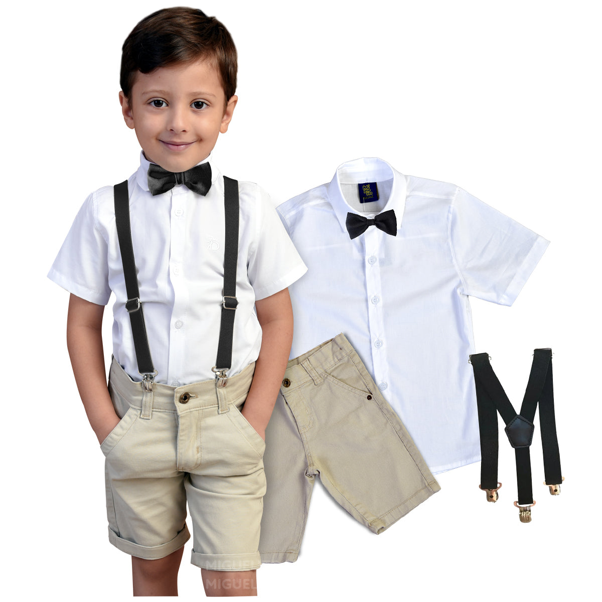 Roupa Infantil Camisa Social Bermuda Bege Menino  Festa Suspensório e gravata Varias Cores P ao 8 anos (Atacado)