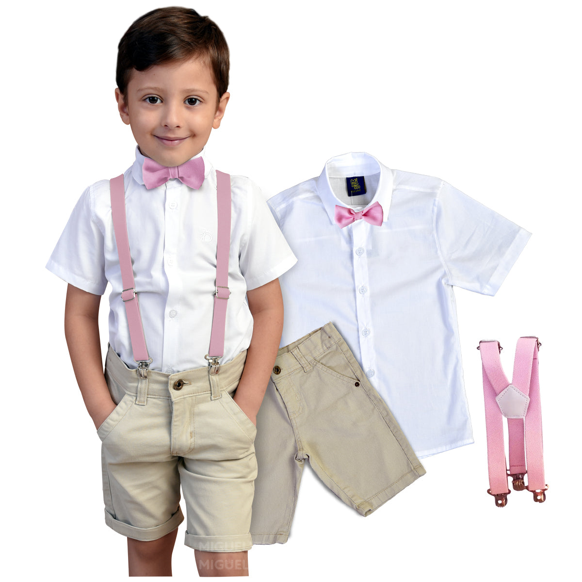 Roupa Infantil Camisa Social Bermuda Bege Suspensório e gravata Varias Cores Juvenil (Atacado)