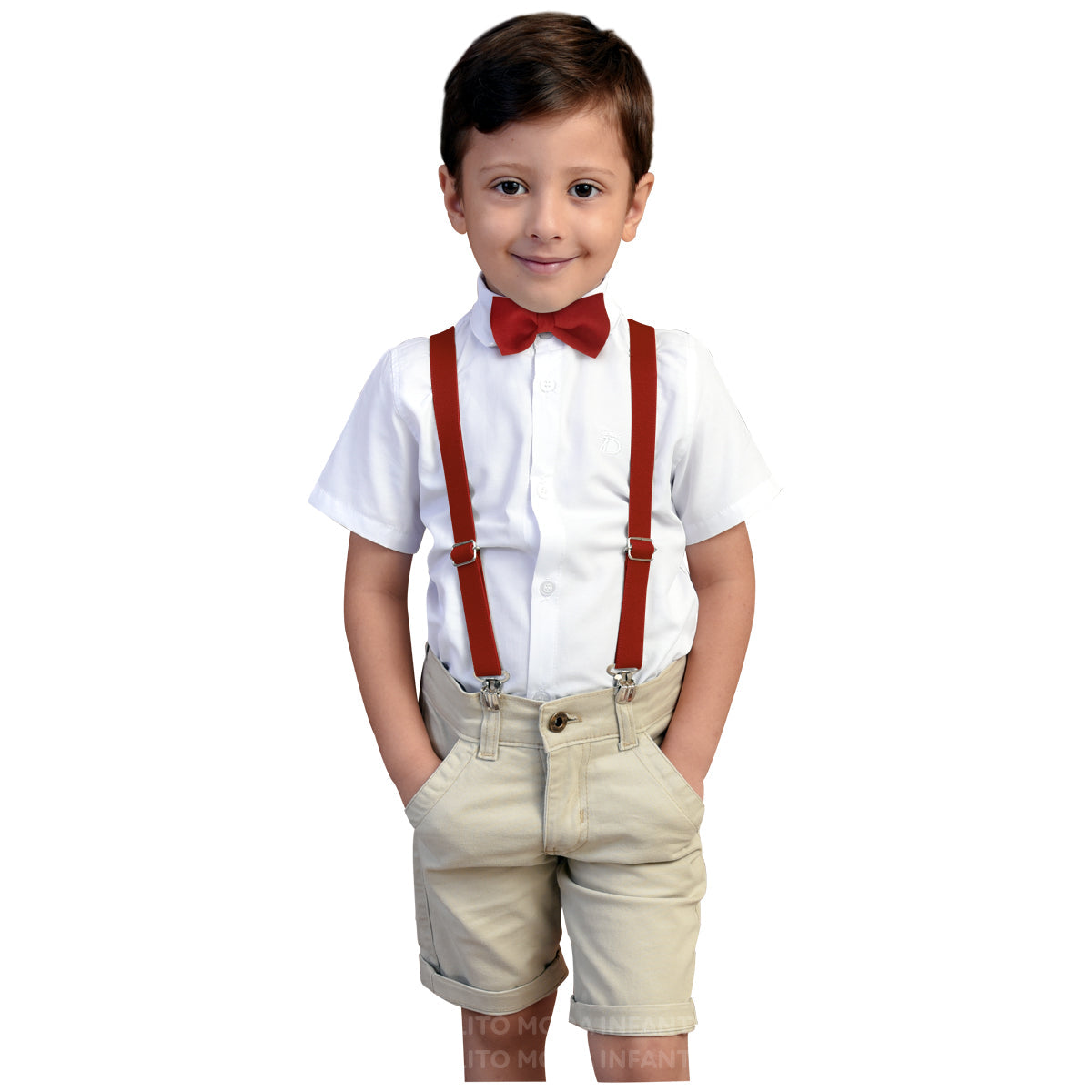 Roupa Infantil Camisa Social Bermuda Bege Suspensório e gravata Varias Cores Juvenil (Atacado)