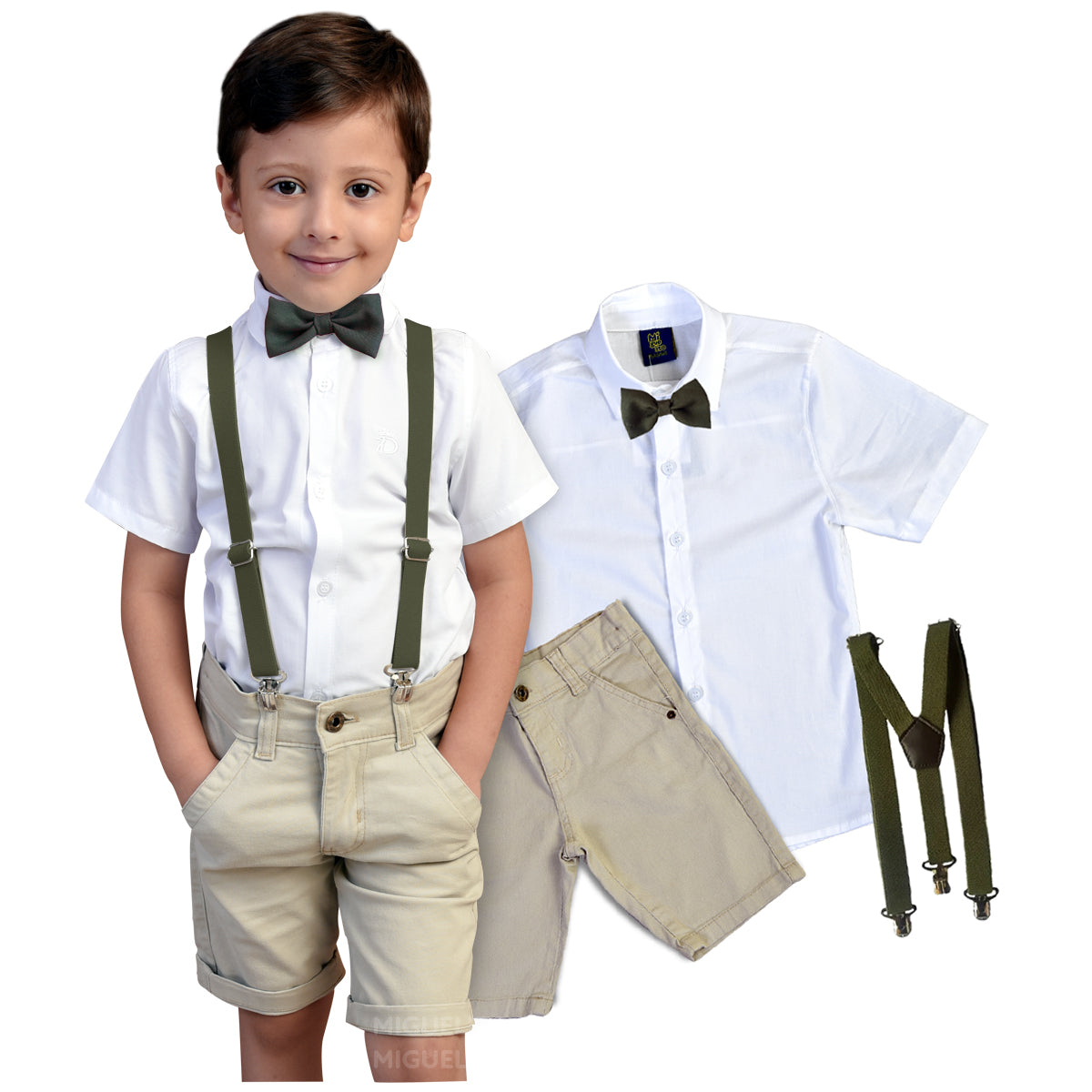 Roupa Infantil Camisa Social Bermuda Bege Suspensório e gravata Varias Cores Juvenil (Atacado)
