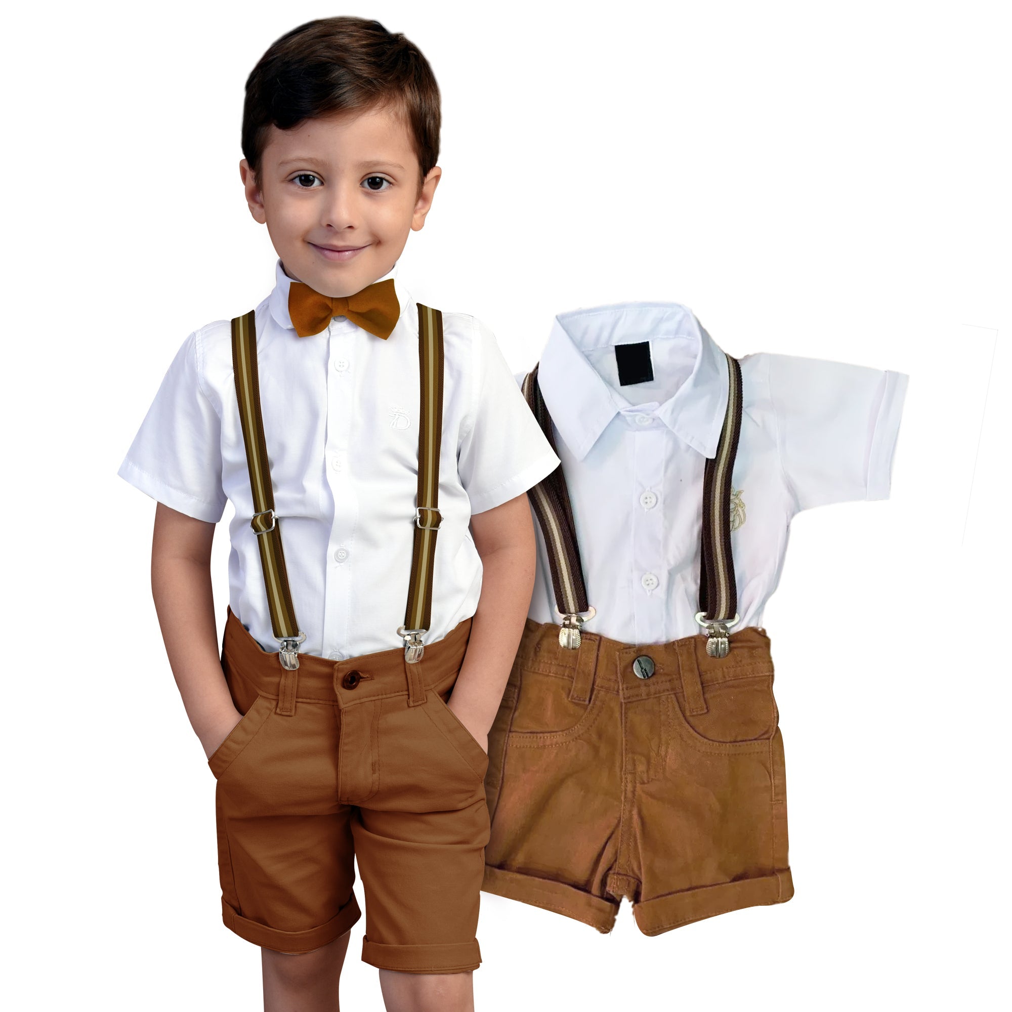 Conjunto Caramelo de Dia Camisa Manga curta + Bermuda + Sapato  P ao 8 anos (Atacado)