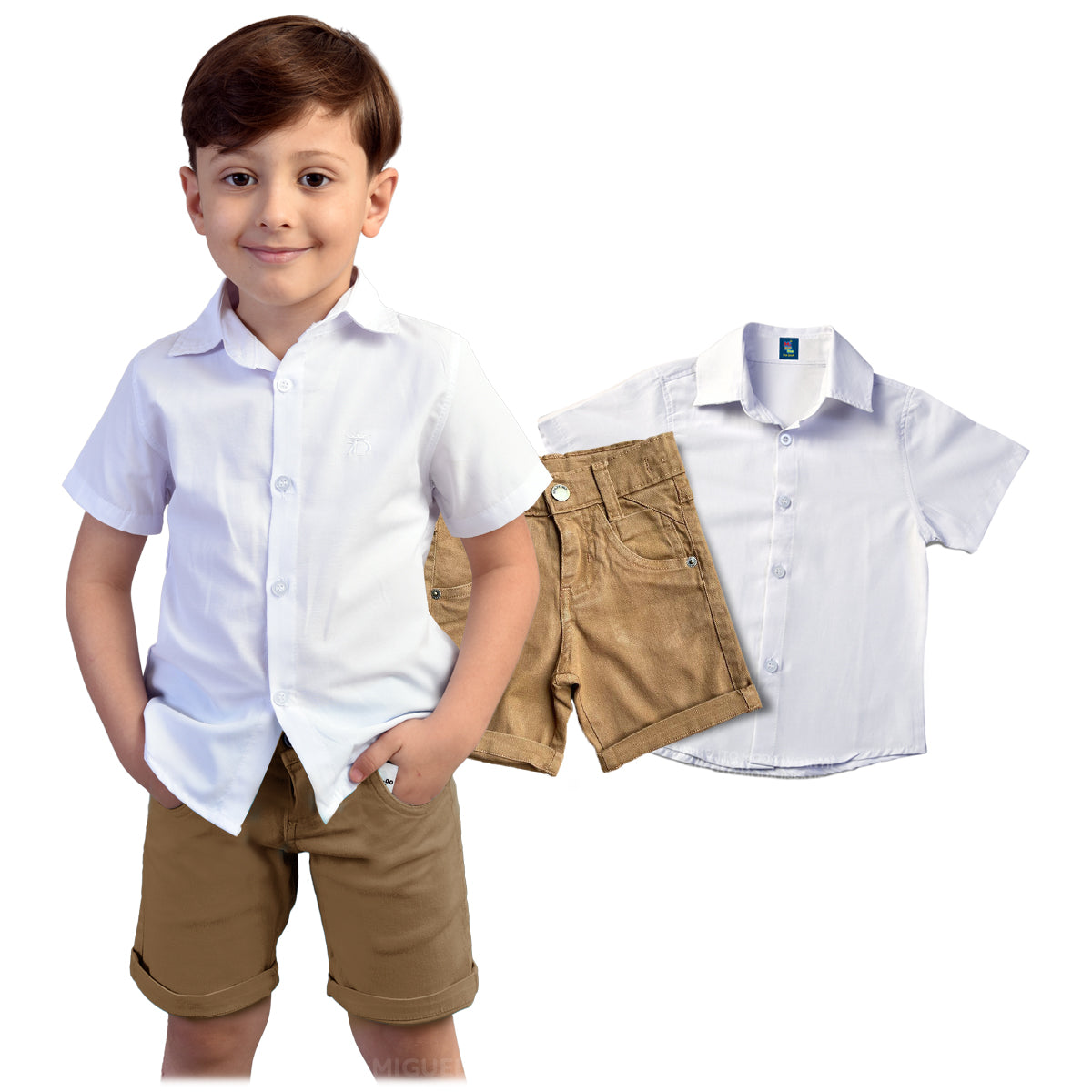 Camisa Social Branca Bermuda Caramelo P ao 8 anos