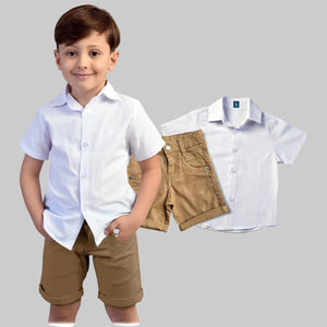 Camisa Social Branca Bermuda Caramelo P ao 8 anos