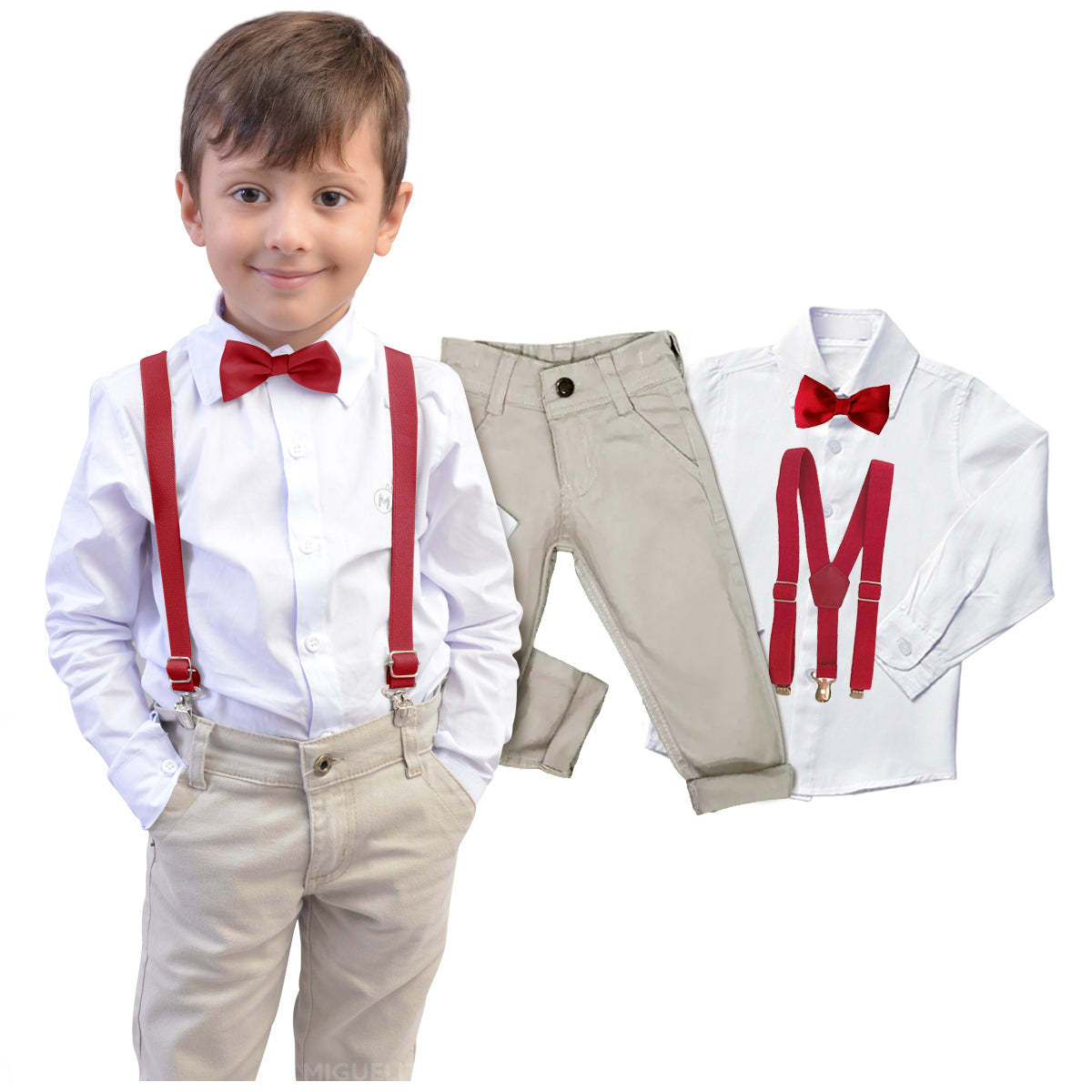 Conjunto 4 Peças Calça bege Gravata e Suspensório Diversas Cores Infantil P ao 8 anos (Atacado)