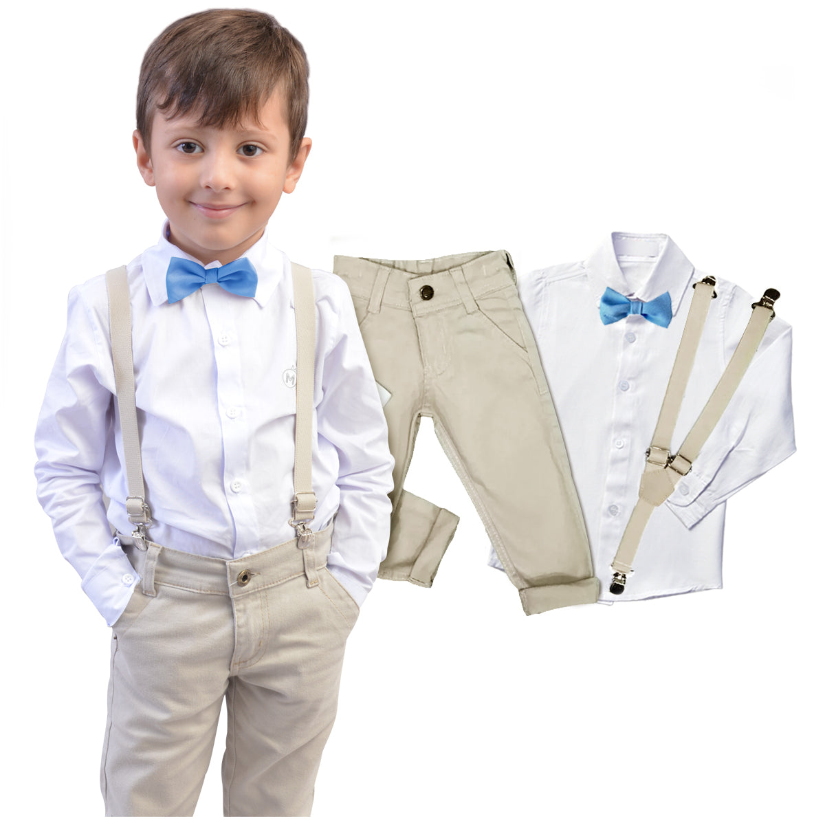 Conjunto Social Bege com Gravata Borboleta várias cores  P ao 16 anos (Atacado)