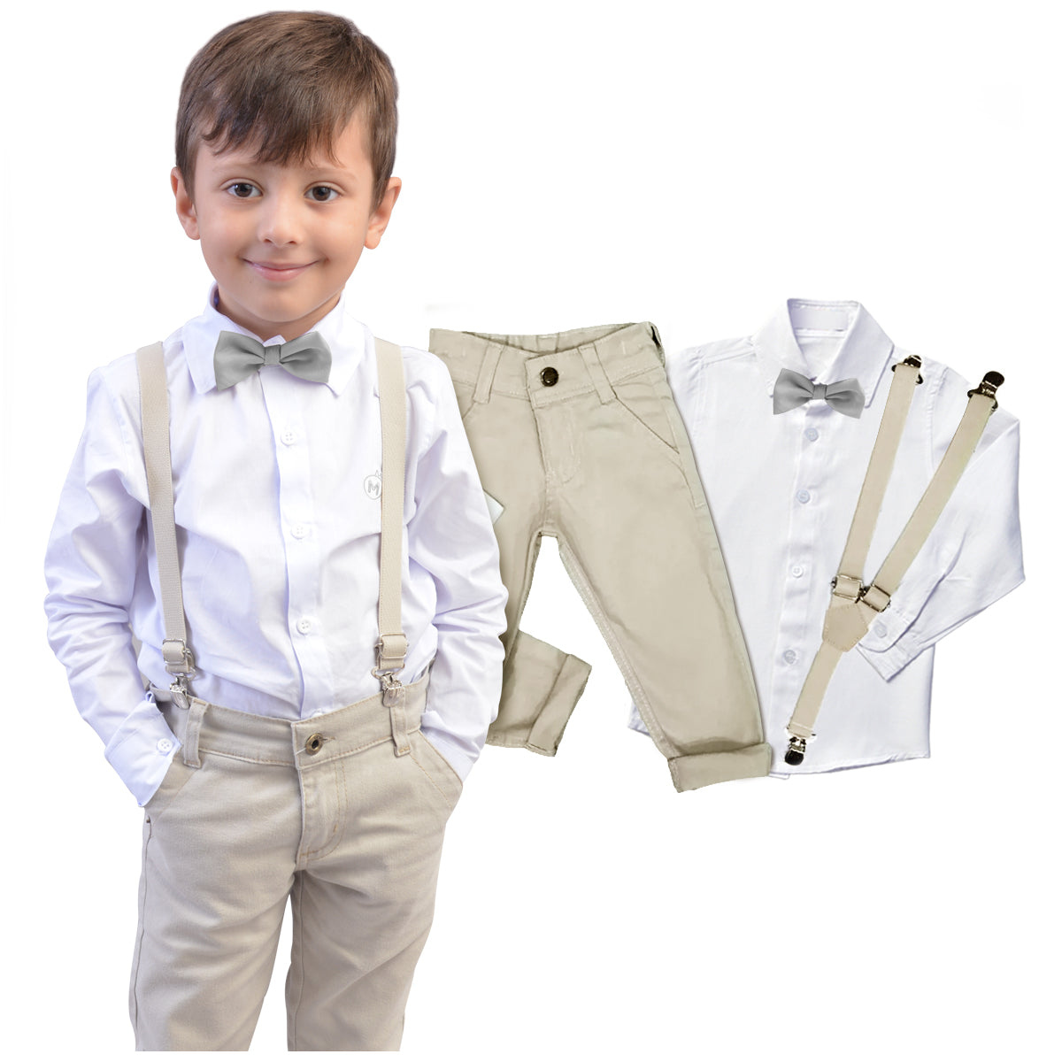 Conjunto Social Bege com Gravata Borboleta várias cores  P ao 16 anos (Atacado)