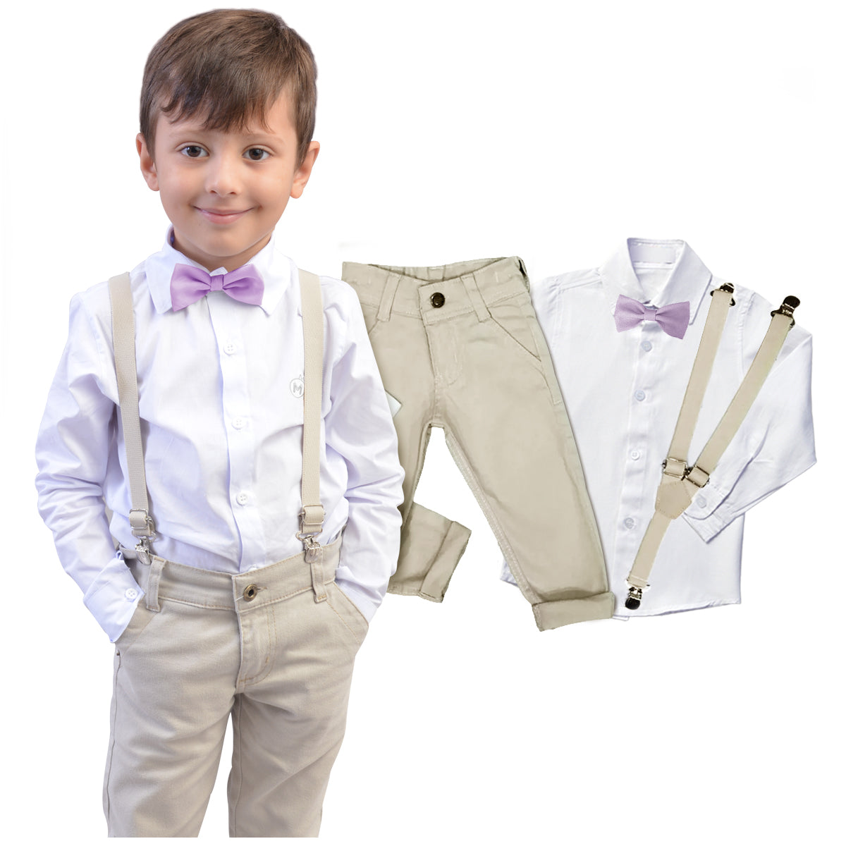 Conjunto Social Bege com Gravata Borboleta várias cores  P ao 16 anos (Atacado)