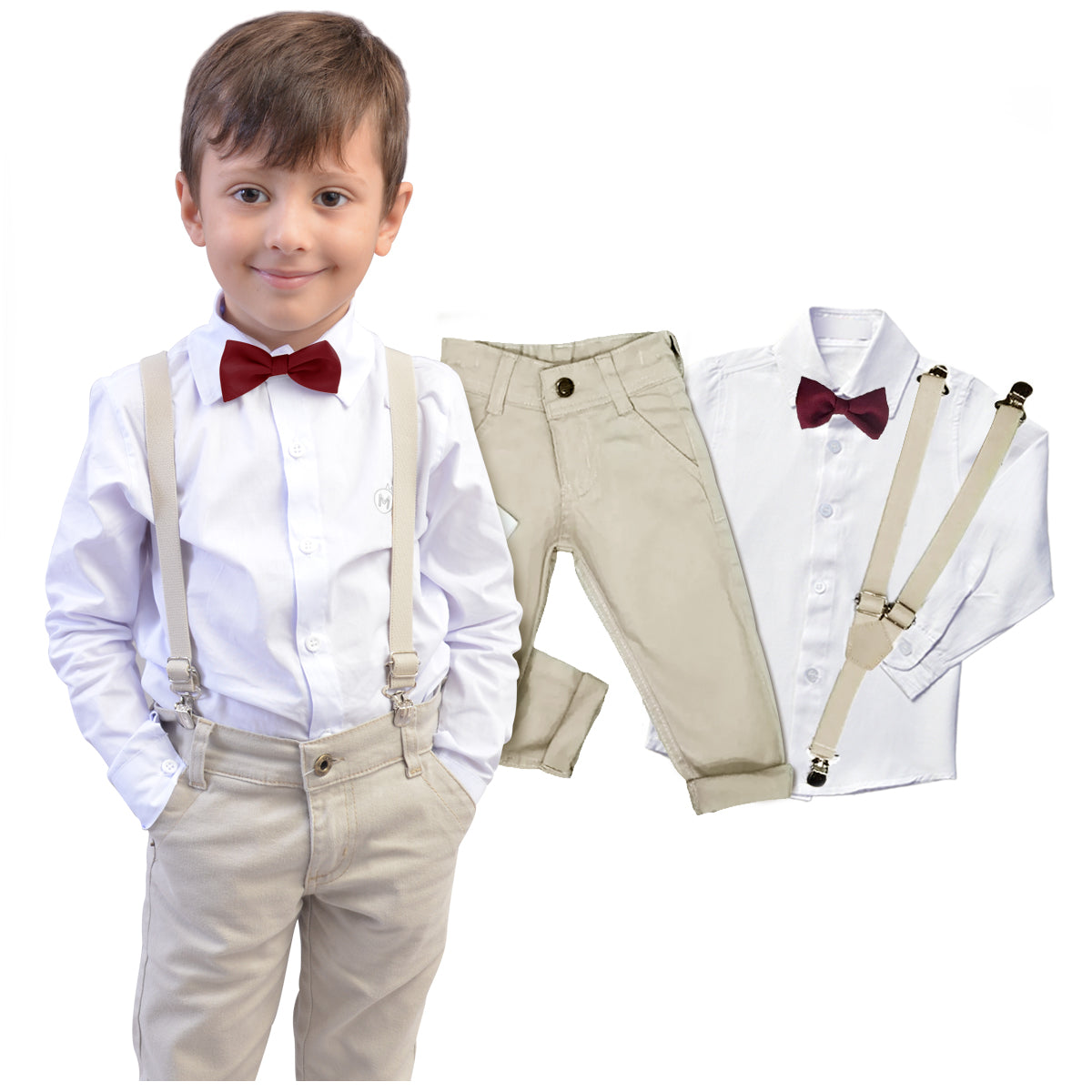 Conjunto Social Bege com Gravata Borboleta várias cores P ao 16 anos