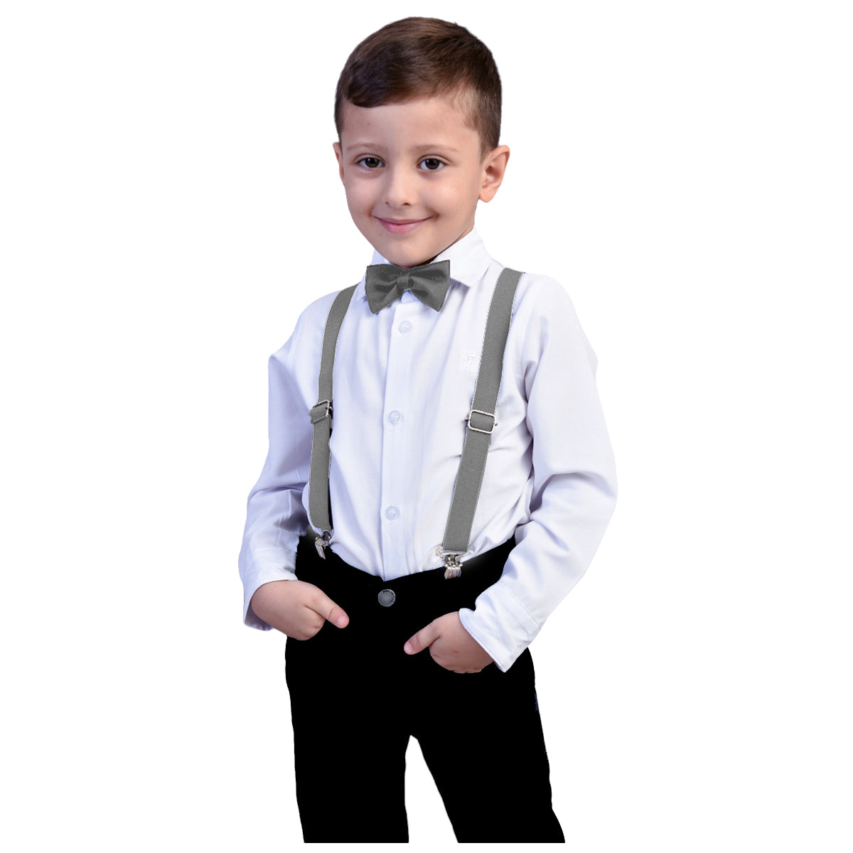 Conjunto Social Menino Calça Preta Suspensório  e Gravata Cinza P ao 16 anos (Atacado)