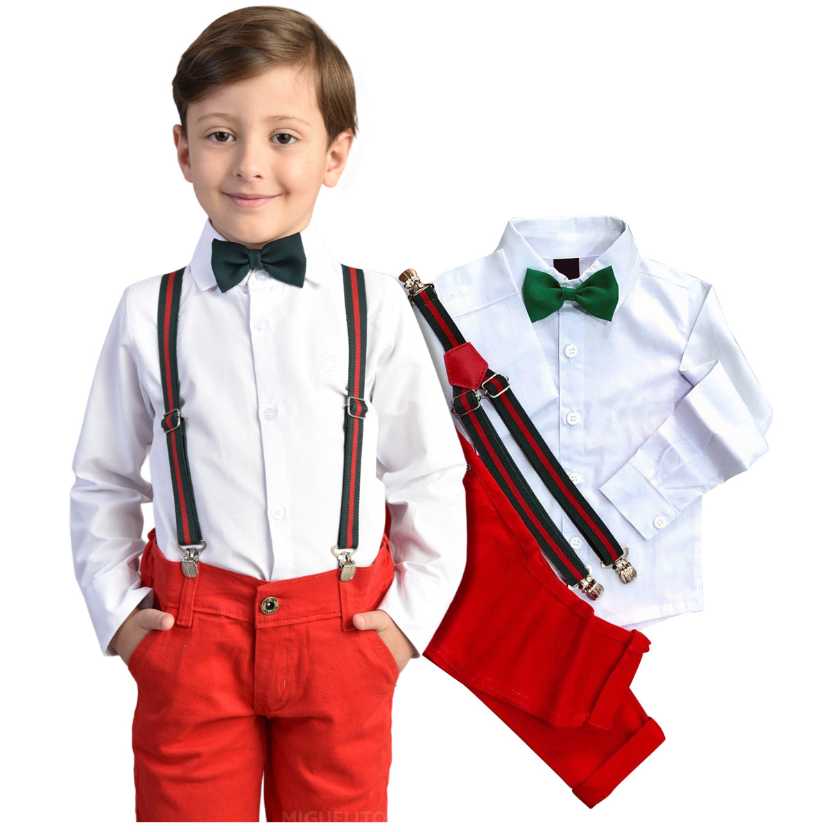 Roupa Social Natal Final de Ano - Camisa, Calça Vermelha e  Kit Suspensório (Atacado)