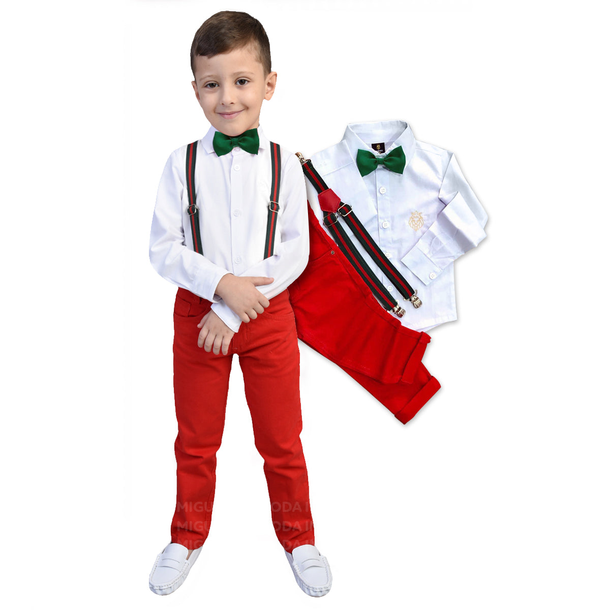 Roupa Social Natal Final de Ano - Camisa, Calça Vermelha e  Kit Suspensório (Atacado)