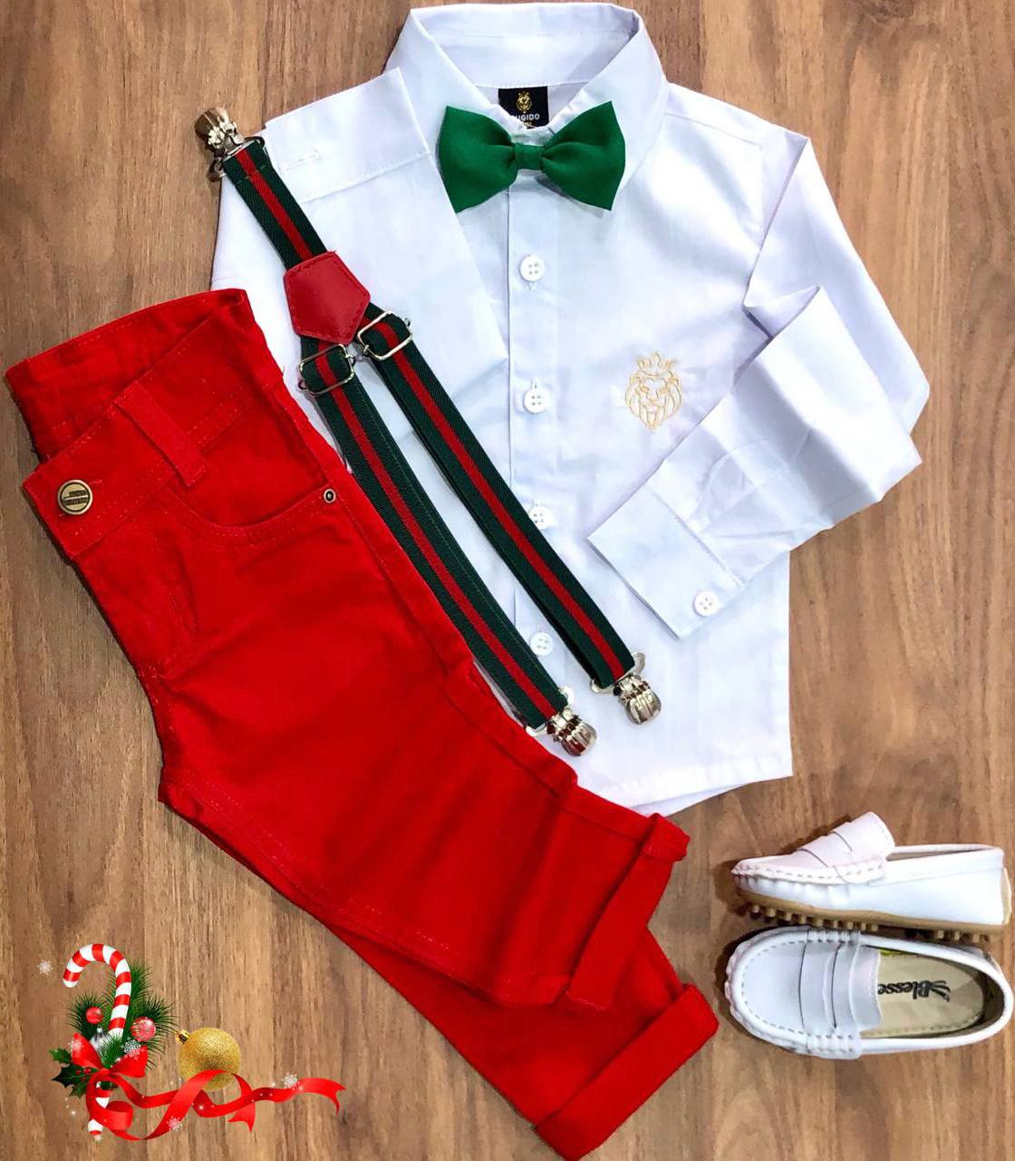 Roupa Social Natal Final de Ano - Camisa, Calça Vermelha e  Kit Suspensório (Atacado)