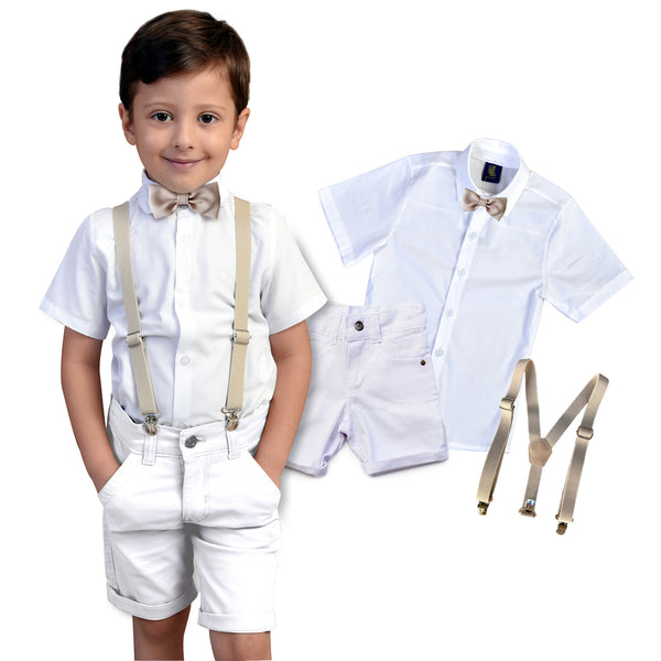Roupa Social Menino Bermuda e Camisa Manga Curta Branca Várias cores Suspensório e Gravata P ao 8 anos