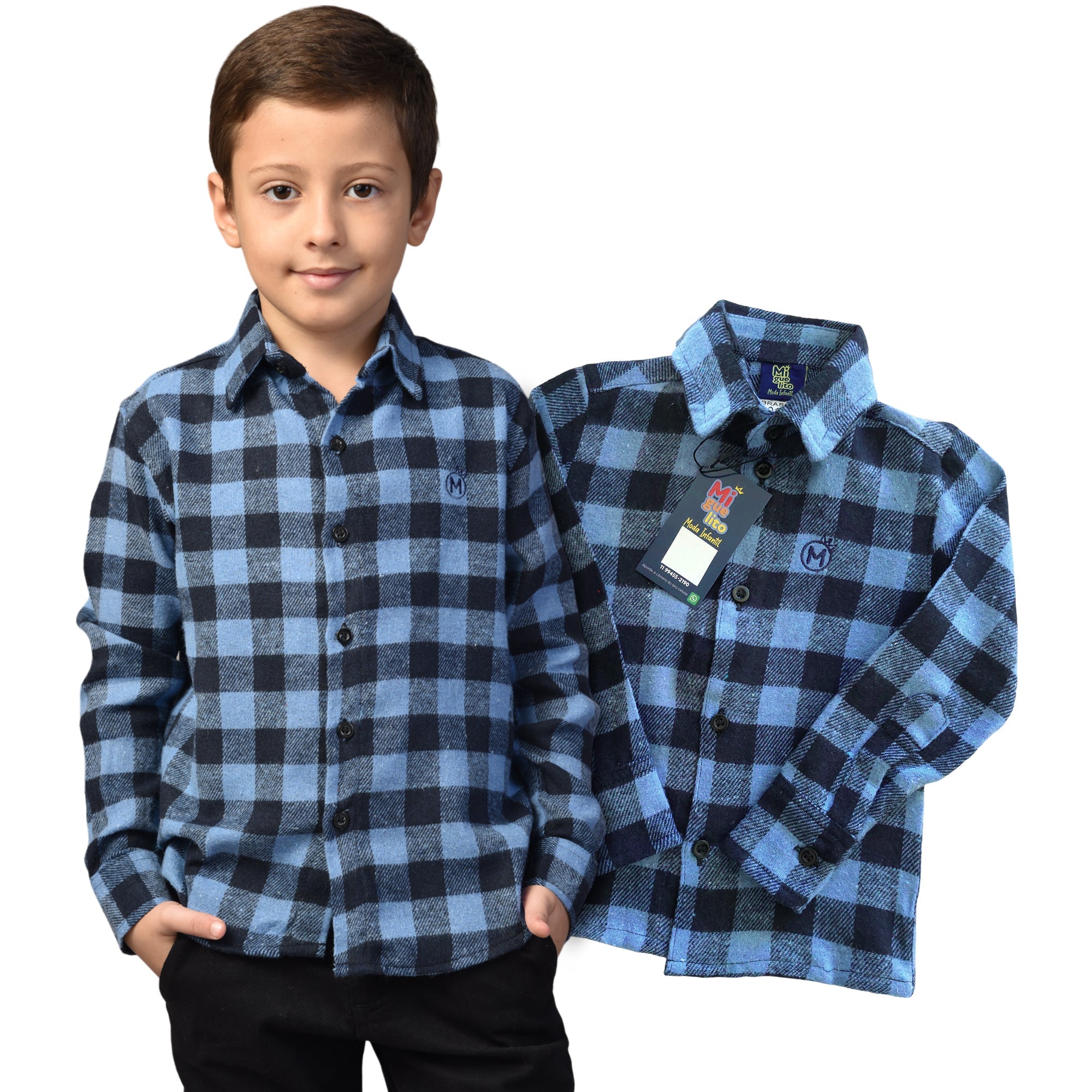 Camisa Xadrez Flanelada Masculina Azul Bebê- Infantil Tam. 1 ao 8 anos (Atacado)