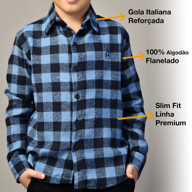 Camisa Xadrez Flanelada Masculina Azul Bebê- Infantil Tam. 1 ao 8